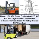 Nissan 1D1 1D2 Series Engine Gas-LPG K15 K21 K25 Engine Diesel QD32 Forklift Industrial Service Repair Workshop Manual