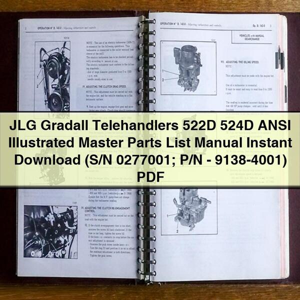 JLG Gradall Telehandlers 522D 524D ANSI Illustrated Master Parts List Manual  (S/N 0277001; P/N-9138-4001)