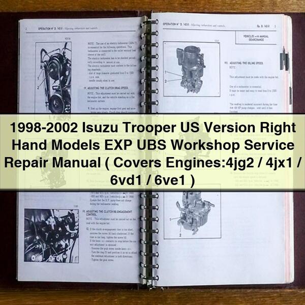 Manual de reparación y servicio de taller EXP UBS para modelos de mano derecha Isuzu Trooper versión estadounidense 1998-2002 (incluye motores: 4jg2/4jx1/6vd1/6ve1)