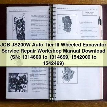 Manual de taller y reparación de excavadoras de ruedas JCB JS200W Auto Tier III (números de serie: 1314600 a 1314699 1542000 a 1542499)