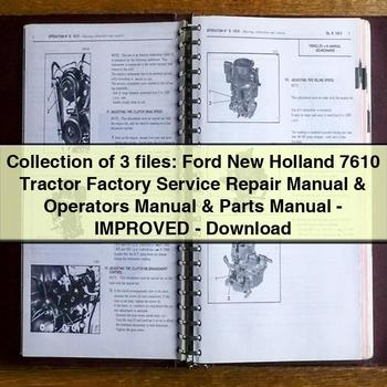 Collection de 3 fichiers : Manuel de réparation et d'entretien d'usine du tracteur Ford New Holland 7610, manuel d'utilisation et manuel des pièces détachées - PDF amélioré