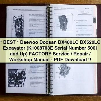 Manual de taller, reparación y servicio de fábrica de la mejor excavadora Daewoo Doosan DX480LC DX520LC (número de serie K1008703E 5001 y superior) (PDF)