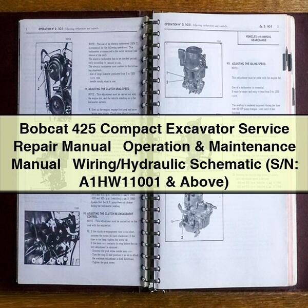 Bobcat 425 Compact Excavator Service Repair Manual + Operation & Maintenance Manual + Wiring/Hydraulic Schematic (S/N: A1HW11001 & Above)