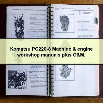 Manuels d'atelier de la machine et du moteur Komatsu PC220-8, ainsi que manuels d'utilisation et d'entretien.