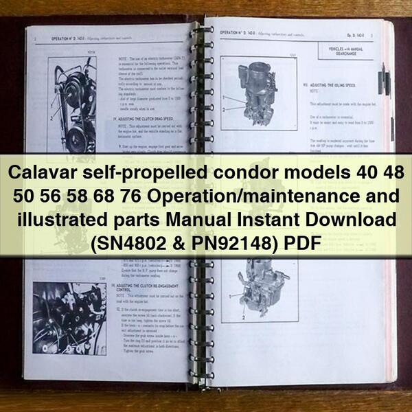 Manual de operación/mantenimiento y piezas ilustradas de los modelos cóndor autopropulsados ​​Calavar 40 48 50 56 58 68 76 (SN4802 y PN92148)