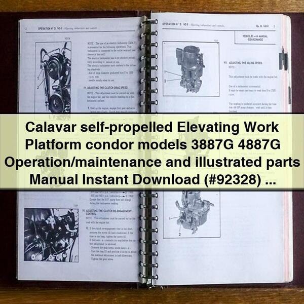 Plataforma elevadora autopropulsada Calavar modelos condor 3887G 4887G Manual de operación/mantenimiento y piezas ilustradas (#92328)